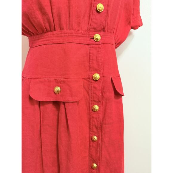 Vintage Valentino Miss V Red Gold Button Down Dress 100% Linen Size 46 Italy - Picture 2 of 6